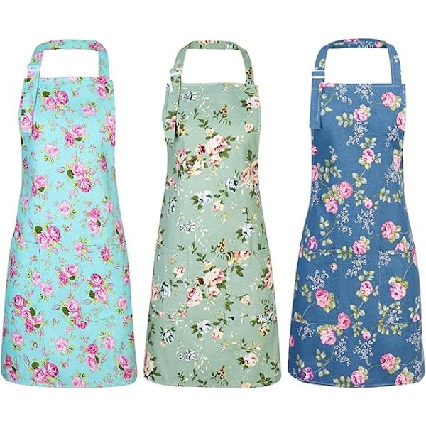 3 stk. Vintage Blomsterforklær, Justerbare Lerretforklær med 2 Lommer Kjøkken Matlagingsforkle Kokk Bakerforklær