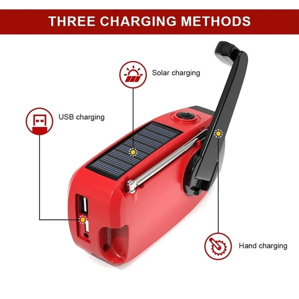 Dynamoradio med solcelle, LED-lommelykt og 2000mA powerbank SOS