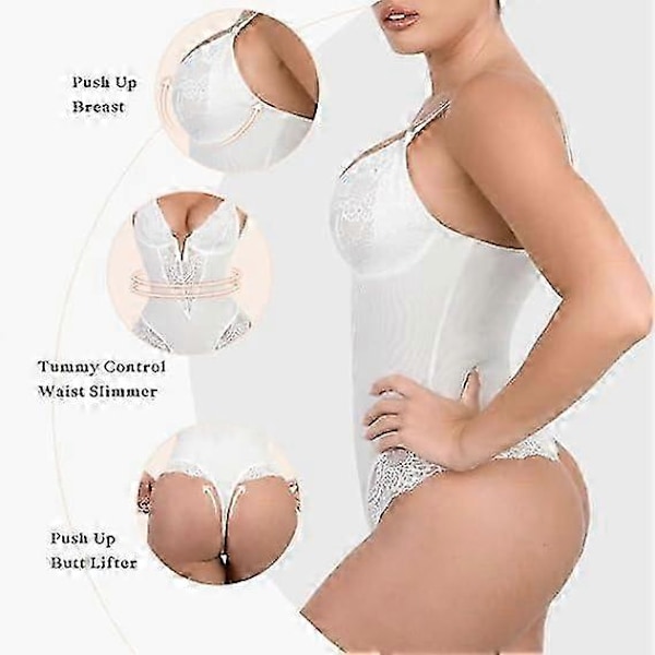 Popilush pitsikoristeinen muotoileva body naisille, V-aukko, vatsaa litistävä body, stringit XL White