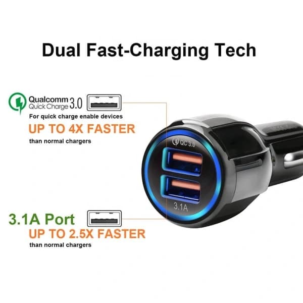 Hurtig biloplader USB - Til iPhone/Samsung - Sort