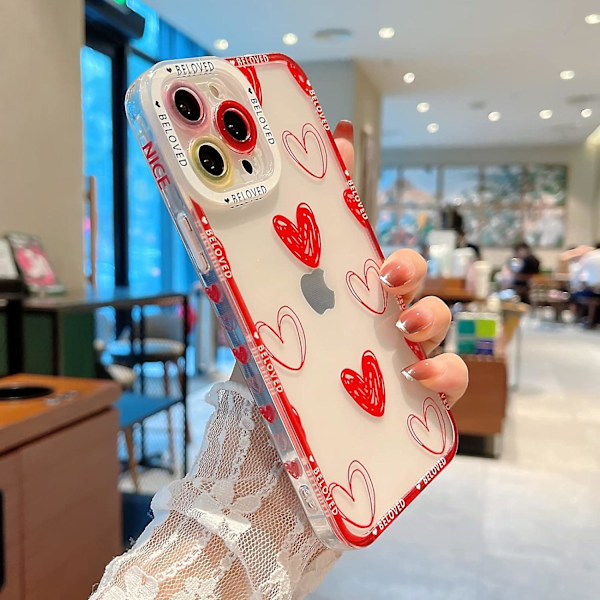 Ins Style Kärlekshjärta Transparent Mobilskal för iPhone 13 Pro Max 6.7 tum 5g Sött Litet Sidomönster Kompatibelt för Kvinnor Flickor Mjukt Silikon Stötsäkert