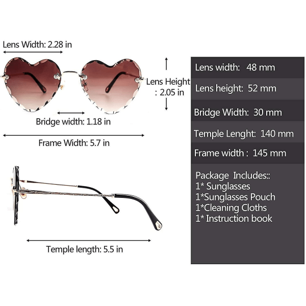 Sydän aurinkolasit reunattomat ohut metallikehys Sydämen muotoiset aurinkolasit Söpöt silmälasit Uv400 naisille Dark Brown