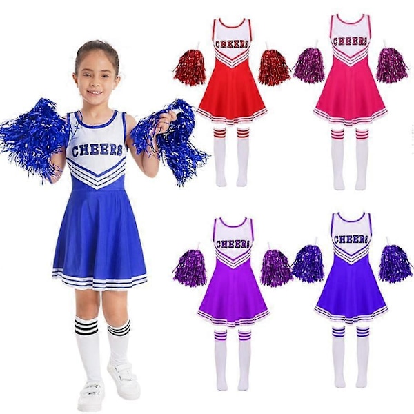 Jenter Cheerleading Uniform Dansekostyme Barn Cheerleader Antrekk Rund Hals Patchwork Stil Dansekjole Blomst og Sokker 7-8 Years purple