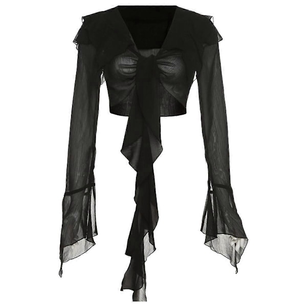 Dam Blus med Knytdetalj Fram, Utsvängda Långa Ärmar, Transparent Mesh Crop Top, Enfärgad Långärmad, Svart L