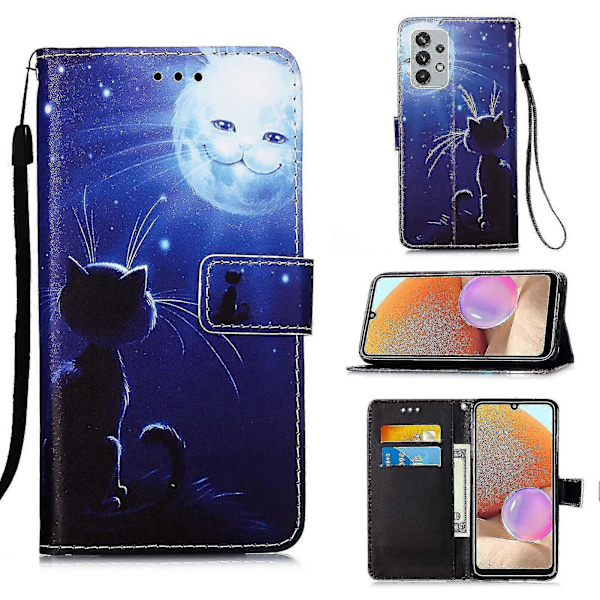 Kompatibelt med Samsung Galaxy A32 4g Fodral Läder Flip Plånboksfodral med Kortplats Hållare Ställ Mönster - Katt Och Sol