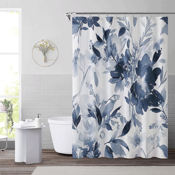 Akvarell blommig duschdraperi Blommor Badrumsgardiner Dark Blue 90x180cm