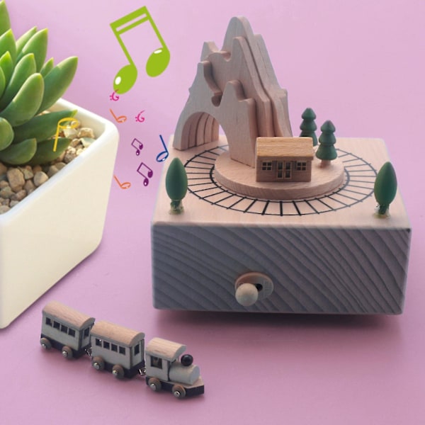 Træ Musikboks Med Bjergmotiv og Små Bevægelige Magnetiske Figurer