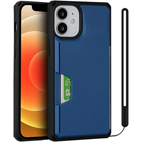 Kortholder Etui Kompatibelt med iPhone 12 Mini, Business Wallet TPU Hårdt Bagside Telefon Etui Cover med Støttefod & Håndrem (Navy, iPhone 12 Mini)