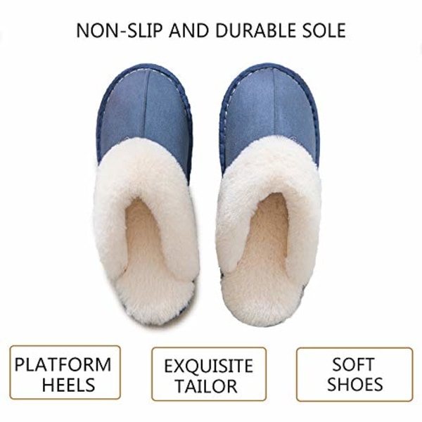 Dame Hjemmesko Dame Vinter Varm Memory Foam Fluffy Slip-on House Ruskind Pels Foret/Anti-skrid sål, Hjemmesko indendørs og udendørs Blå 270（40/41）