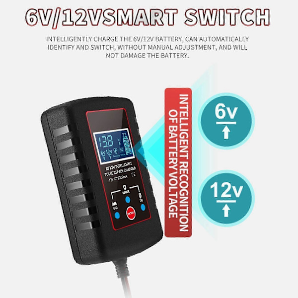 6V og 12V Smart Fuldautomatisk Batterioplader Vedligeholder, Vedligeholdelseslader