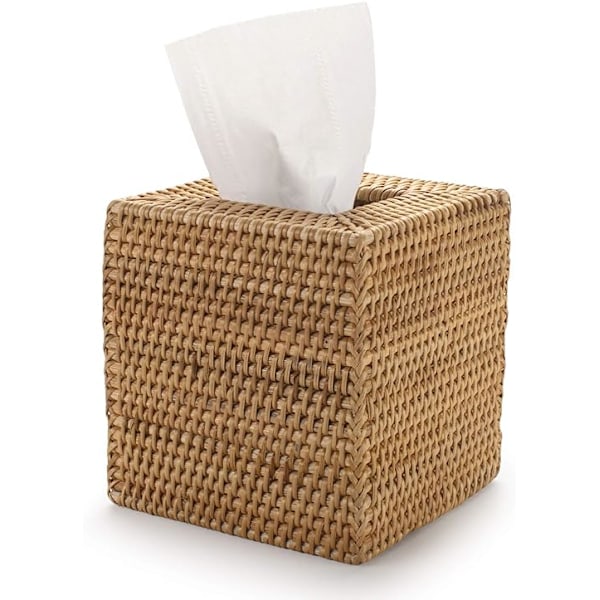 Rattan Tissue Box Cover Square, Handvävd Tissuehållare i Rotting, 14 x 14 x 14,5 cm, Natur