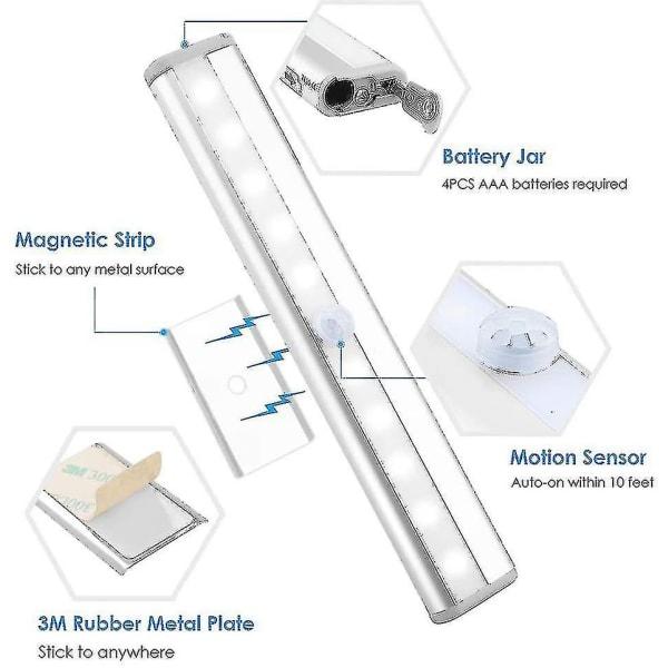Bevægelsessensor lysstang, (10 LED, 3 pakke) Trådløs garderobelampe