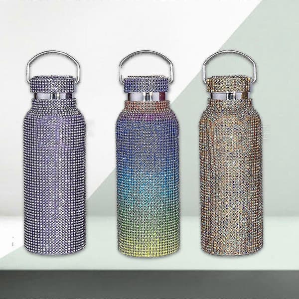 Diamant Vandflaske Bling Rhinestone Rustfrit Stål Termoflaske Med Kæde Til Kvinder Piger Gave rainbow2