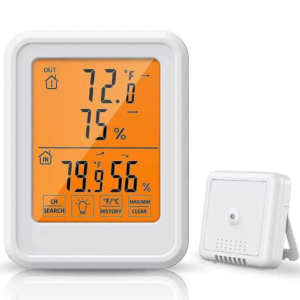 Trådlös inomhustermometer för utomhusbruk, digital hygrometer med LCD-bakgrundsbelysning med pekskärm, temperatur- och fuktighetsmätare, räckvidd 328 fot/100 m, rumsterm