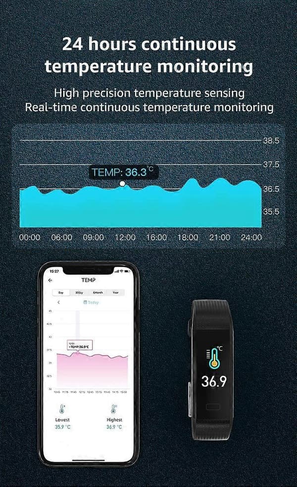 Fitness Tracker med kropstemperatur, pulsmåler, søvnmonitor IP68, 16 sportstilstande til iPhone og Android, sort