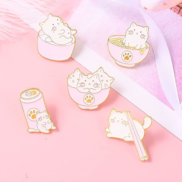 Rosa Katt Emaljnålar för Kvinnor Flicka Söta Djur Emalj Broschnålar för Jackor Tecknad Chopsticks Burkar Stor Skål Nudlar Katt Emalj Brosch Badge DIY Ac