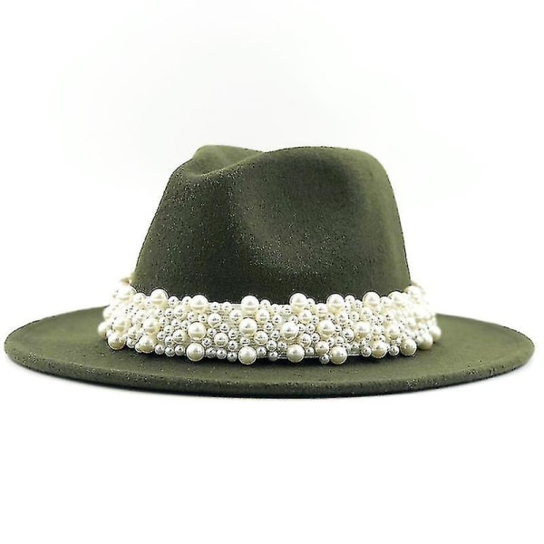 Dam Herr Ull Fedora Hatt Med Pärlband Gentleman Elegant Dam Vinter Höst Bred Brätte Kyrka Panama Sombrero Jazz Cap 60cm Army Green 55-58CM