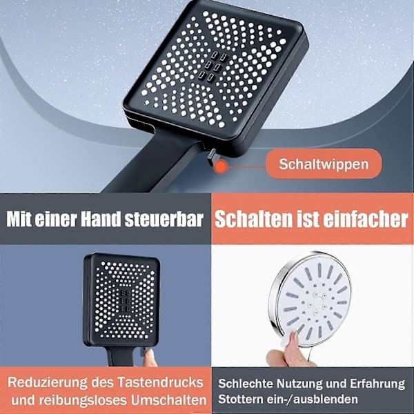 Dww-(Noir) Massage Dusch med 6 Spraylägen, Fyrkantig Dusch, Stor Högtrycksdusch Vattenbesparande, Vattenbesparande Dusch med Beläggning
