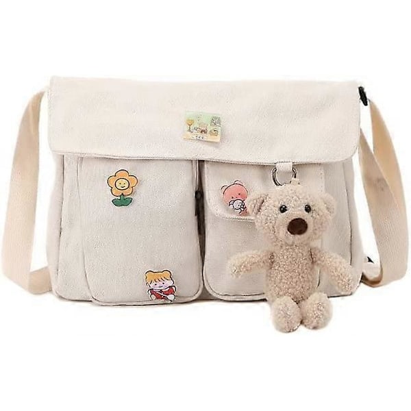 Canvas Crossbody Veske Messenger Søt Veske med Pins og Anheng for Kvinner Jenter Casual Skulderveske Estetisk Skoleveske Beige
