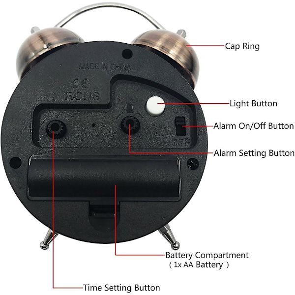 Antik tickfri reseväckarklocka, analog kvarts dubbel klockalarm, batteridriven, lämplig för barns sömn.