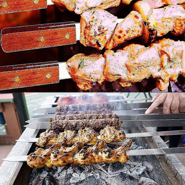 50 cm lange grillspyd, grillspyd i tre med håndtak, sett med 8 grillspyd, flate gjenbrukbare metallspyd for grillfest