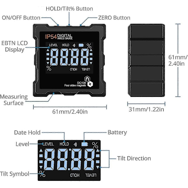 360 LCD Digital Inclinometer - Magnetisk Digital Inclinometer, Elektronisk Inclinometer, Automatisk Avstängning, Med Magnetisk Bakgrundsbelysning
