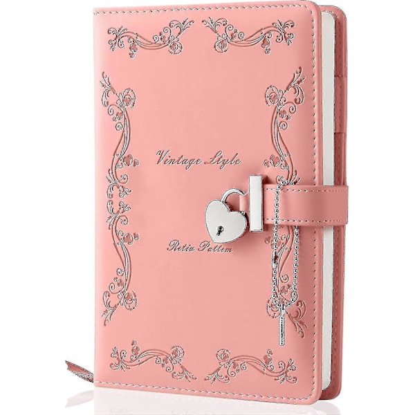 Dagbog med lås og nøgle til piger, tyknet, 360 sider, læder, hjerteformet låsbar journal, sød låst hemmelig dagbog, notesbog til kvinder, voksne, A5 (pink