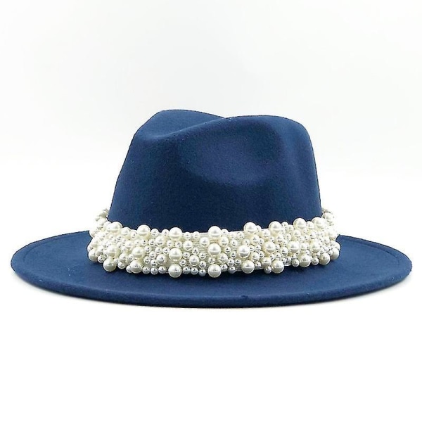 Dam Herr Ull Fedora Hatt Med Pärlband Gentleman Elegant Dam Vinter Höst Bred Brätte Kyrka Panama Sombrero Jazz Cap 60cm NAVY 55-58CM