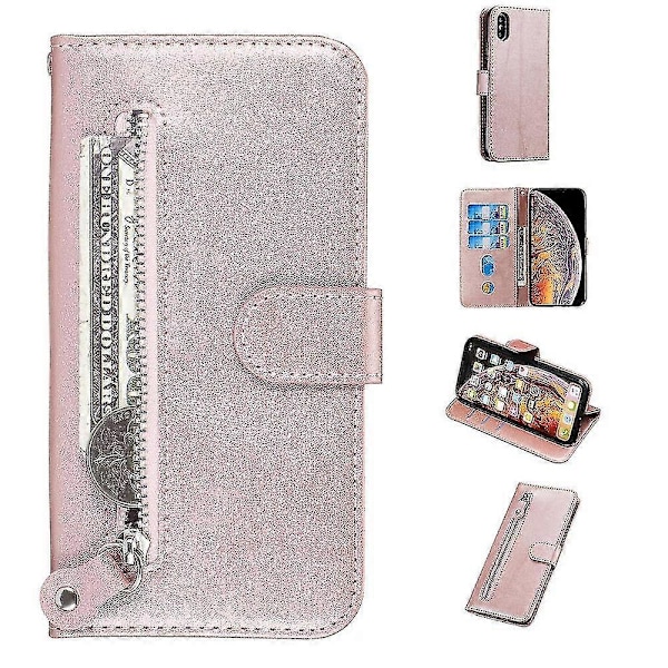 Wallet Case til Iphone X/ Iphone Xs, Premium Pu Læder Magnetisk Lukning Kort Slots Støtteben Lynlåslomme Blød Tpu Flip Cover - Pink