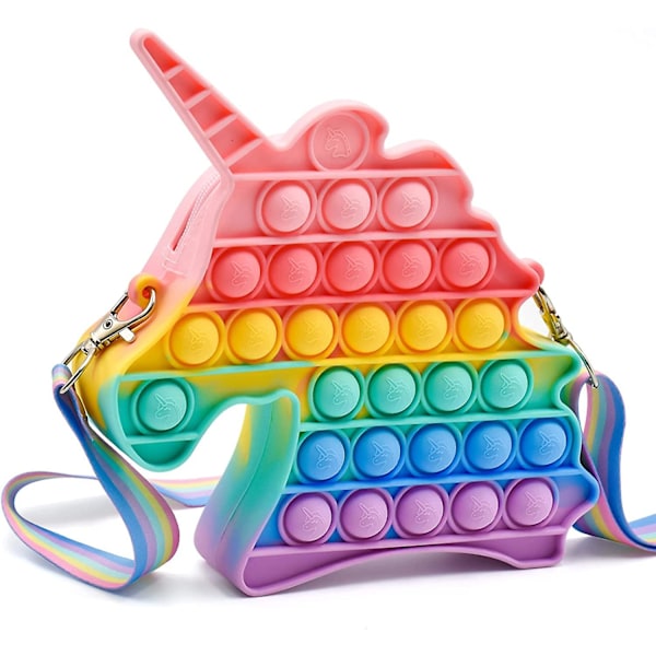 Pop Axelväska Fidget Leksak Regnbåge Enhörning Pop Fidget Väska Leksak Silikon Pop Bubbla Sensorisk Fidget Leksak Skolmaterial Födelsedagsfest Favörer för Flickor