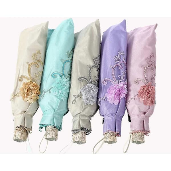 Broderad spets dubbellagers Anti-UV Parasoll Sol/Regn/Snö Hopfällbart Paraply Rosa
