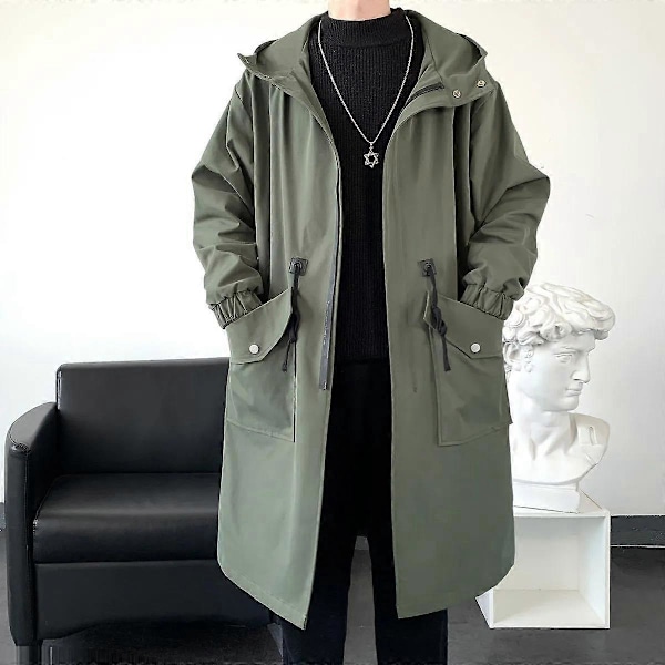 Vandtæt forårsjakke til mænd med hætte, vindjakke, ensfarvet trendfrakke, afslappet løs komfortabel parka lang M army green