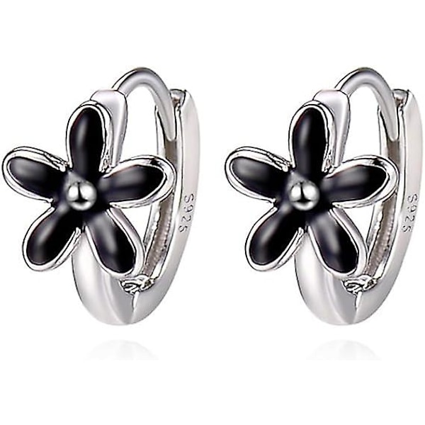 Solida 925 Sterling Silver Svarta Blomma Huggie Örhängen Öronringar för Kvinnor Flickor Små Daisy Öronringar Brosk Helix Huggies