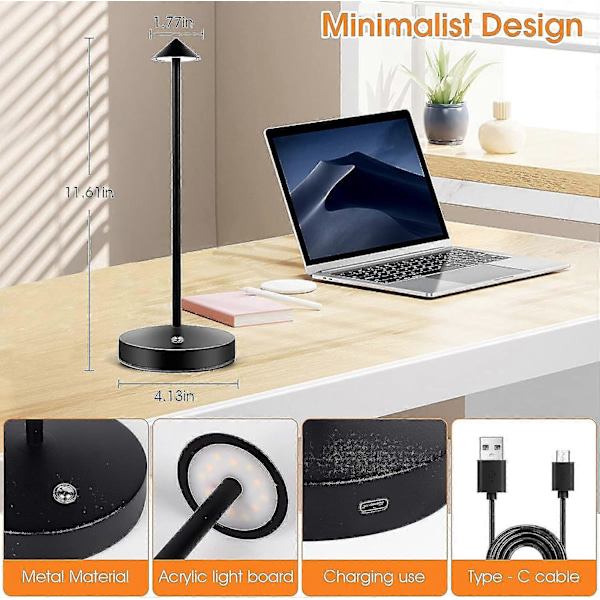 LED Touch Trådløs Bordlampe, Oppladbar Bærbar Bordlampe, 3 Lysstyrkenivåer Dimbar Skrivebordslampe for Soverom Hjem Lesing Kontor Bar Kafé Terrasse Black