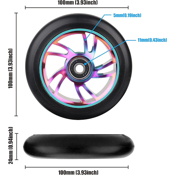2-pack 100 mm Stunt Scooter Ersättningshjul 100 x 24 mm 88A Solid Däck med ABEC-9 Lager för De Flesta Stunt Scooters och Kick Scooters