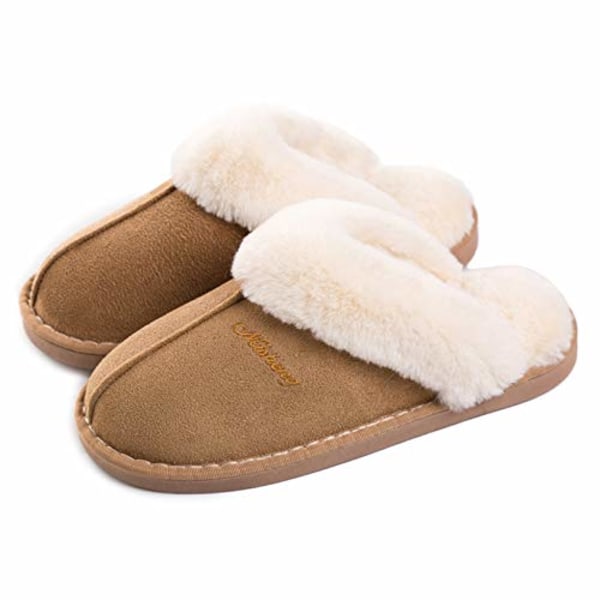 Dame Hjemmesko Dame Vinter Varm Memory Foam Fluffy Slip-on House Ruskind Pels Foret/Anti-skrid sål, Hjemmesko indendørs og udendørs Ljusbrun 300（46/47）