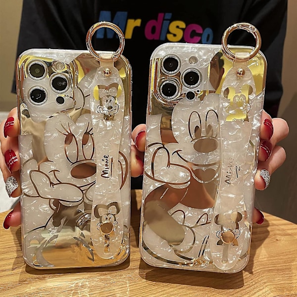 Tegneserie-deksel til iPhone 15 Pro Max, Søtt Gullfarget Mickey Glitter-deksel med Metallkjedestropp, Håndleddsstropp Stativ Myk