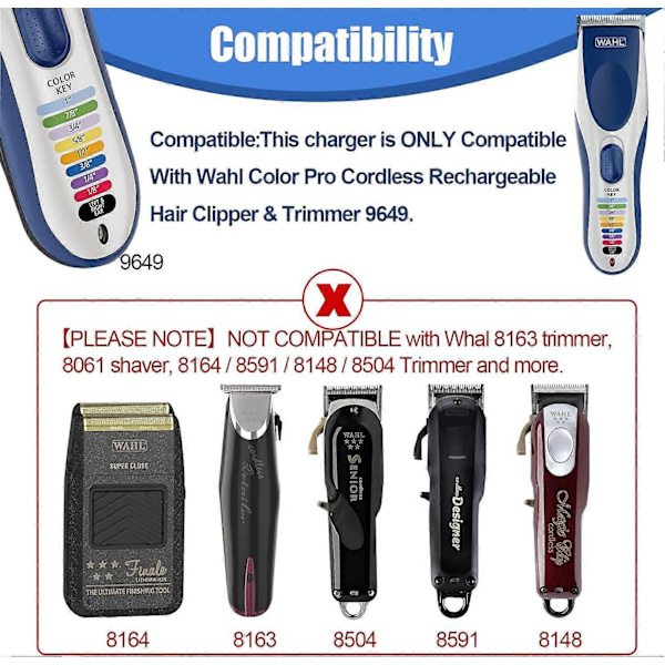 Laddare kompatibel med Wahl Color Pro Sladdlös Uppladdningsbar Hårklippare & Trimmer Strömkabel Passar Endast Wahl Modell 9649