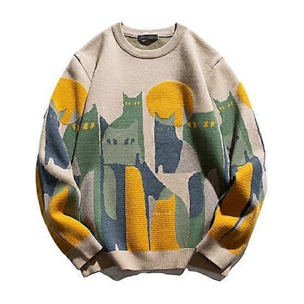 Herre Vinter Efterår Sweater Farvematch Rund Hals Kat Print Tyk Strikket Blød Varm Langærmet Pullover Mellemlang Unisex Par Sweater XL light khaki