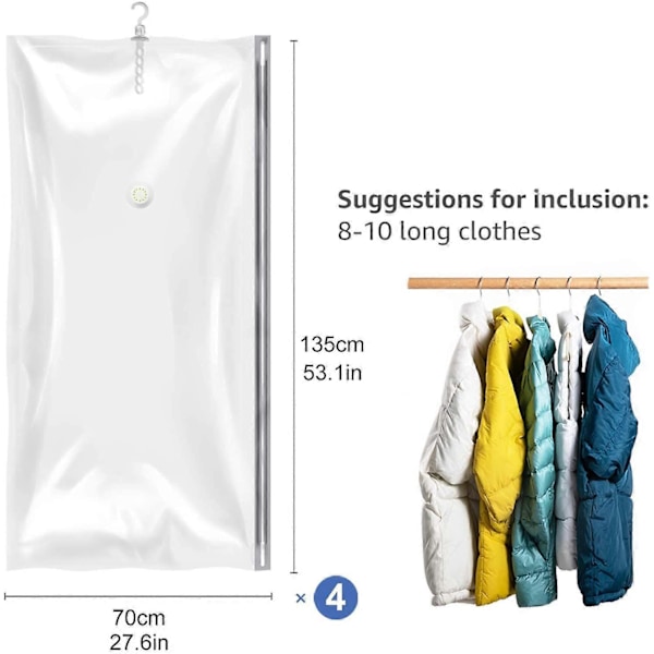 Hängande Vakuumförvaringspåsar 4-pack L 135 x 70 cm för garderobsförvaring