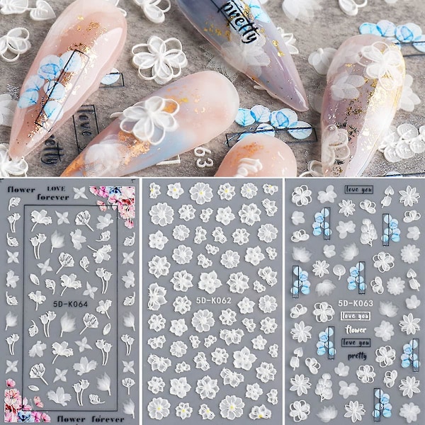 Nagelkonst Klistermärken, Blommor Nagelkonst Klistermärken Vita Blommiga Nageldekaler Evig Kärlek Vackra Bokstäver Blomning Bröllopsdesign Nagelfolier 5D Graverade Präglade