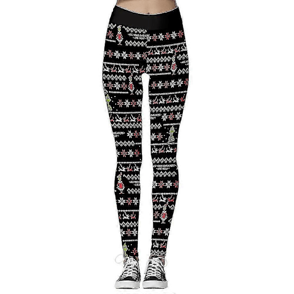 Naisten joulu The Grinch lumihiutale painetut korkeavyötäröiset leggingsit housut XL B