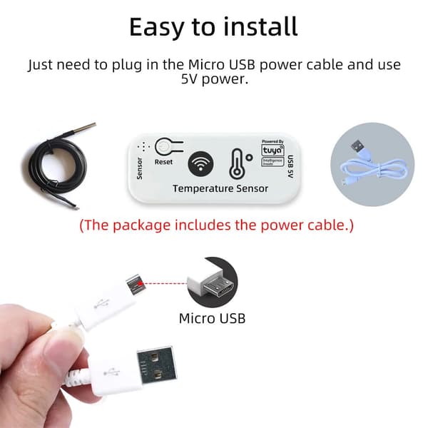 Tuya Smart Temperatursensor WiFi/Zigbee -20°C til 105°C, Fjernovervåking, Alarmer, Tilkoblet Termometer, Smart Life App - 2m WiFi-kabel