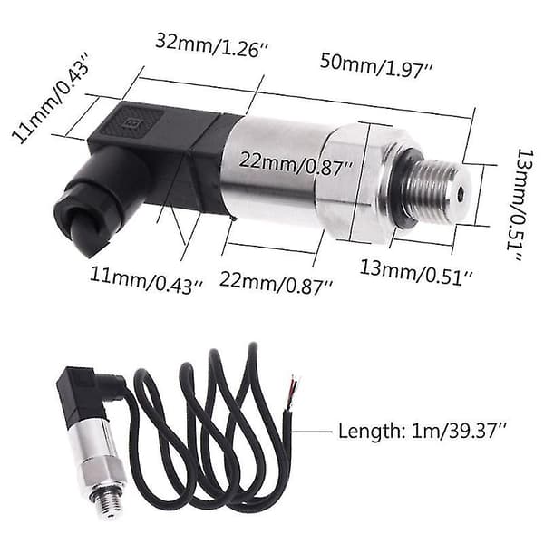 Trykksender Trykktransduser Sensor 0-10Bar 9-32VDC G1/4 4-20MA 0.5%