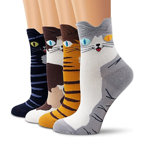 Sjove sokker i bomuld til drenge og piger - tegneseriesneakerstrømper med dyremønstre, 4 par