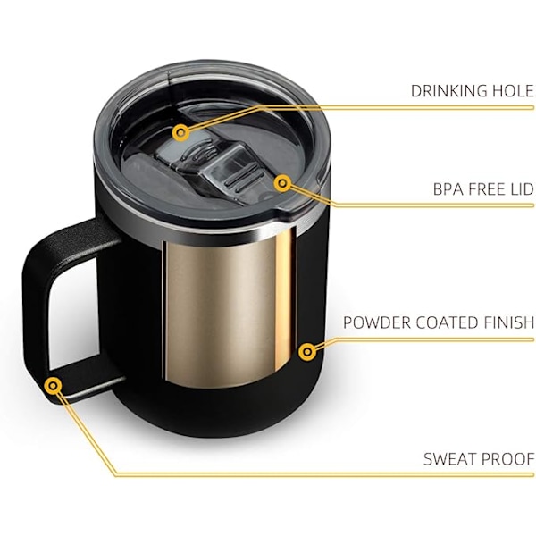 12oz Rostfri Stål Isolerad Kaffemugg med Handtag, Dubbelväggig Vakuum Resemugg, Tumblerkopp med Skjutbart Lock, Svart