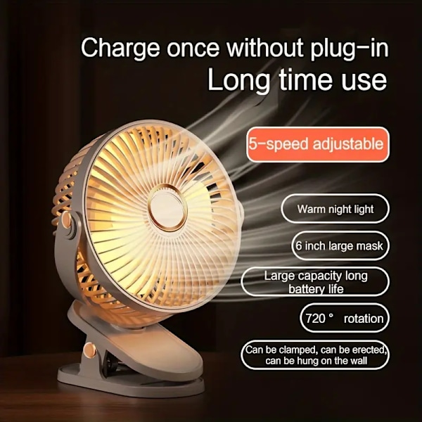 72 Graders Rotation, 6 Tommer 5-Hastigheds USB Opladnings Clip-on Ventilator, Kan Stå, Hænges Op, Ultra Støjsvag Ventilator, Moderne Natlampe, Flytbar, Vaskbar