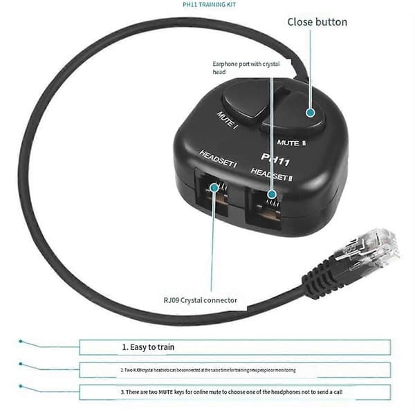 TO Mute Switch Træningsadapter Dobbelt RJ9 Stik til RJ9 Headset Hanstik til Call Center Headset
