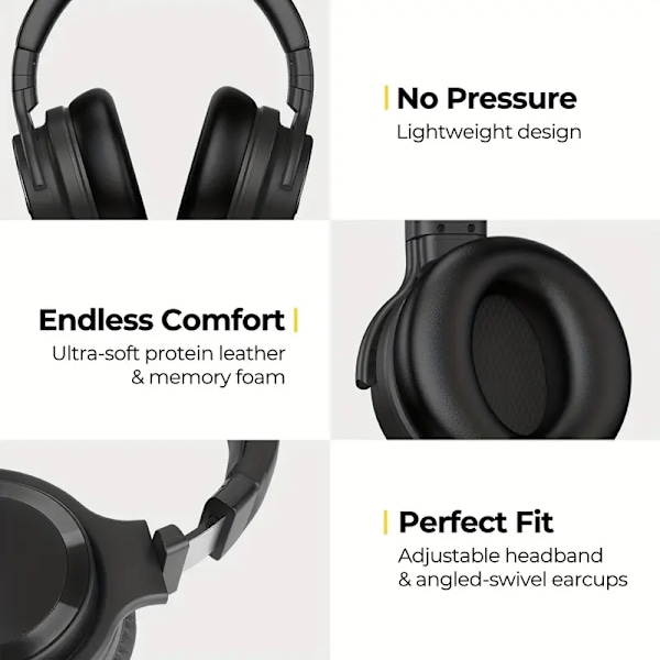 Active Noise Cancelling Trådløse Øretelefoner, Rig Bas, Klare Opkald, 30 Timers Afspilningstid, Komfortabel Brug, Sort