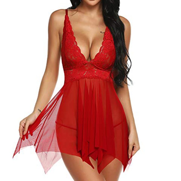 Naisten seksikäs Alusvaatteet Lace Mesh V Dress Sling Mini Tight Mekko red S